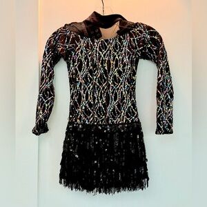 Black Sequin Long Sleeve Ballroom or Jazz Costume with black fringe skirt.